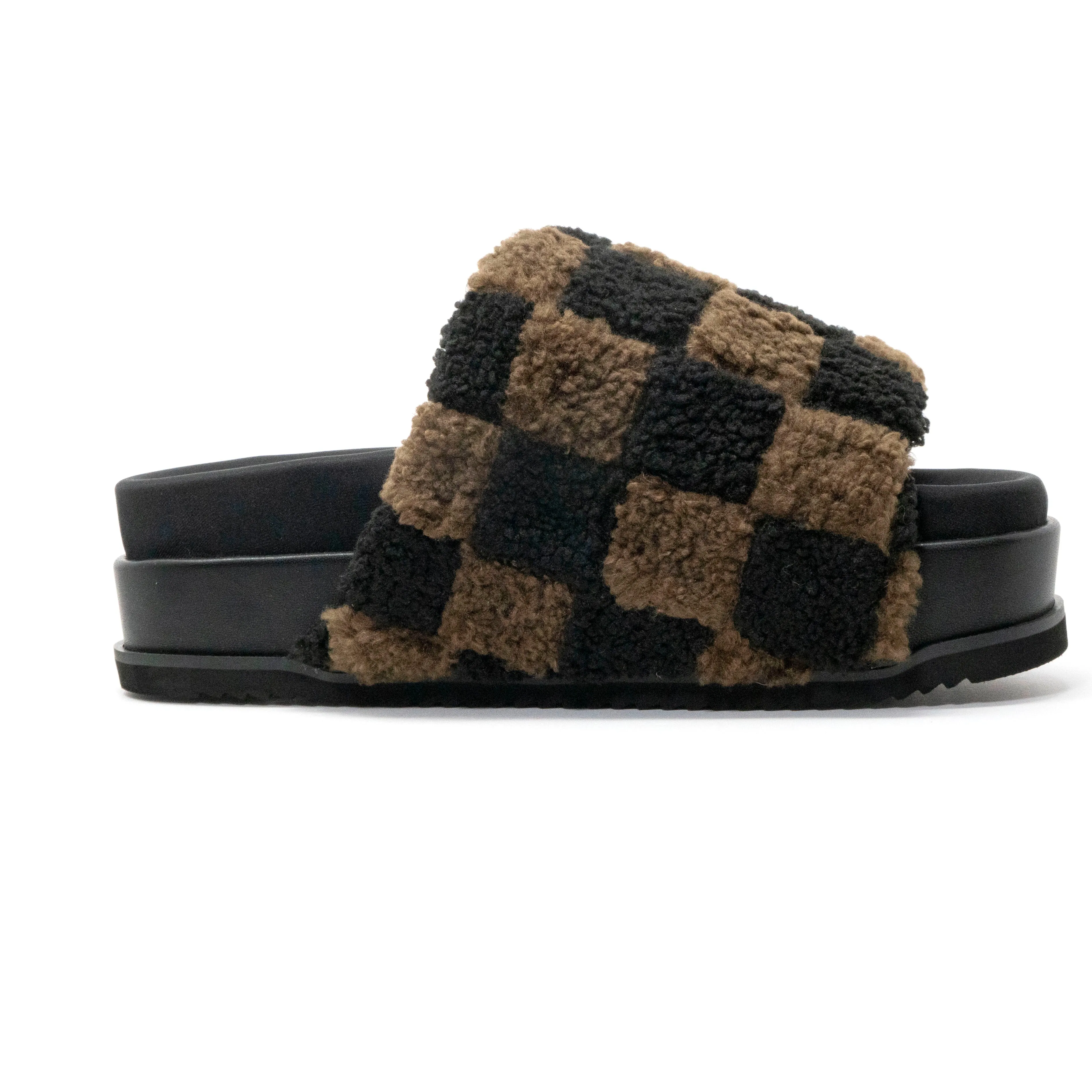 ROAM FUZZY CHECKER STACK PLATFORM BLACK & TAUPE FAUX SHEARLING