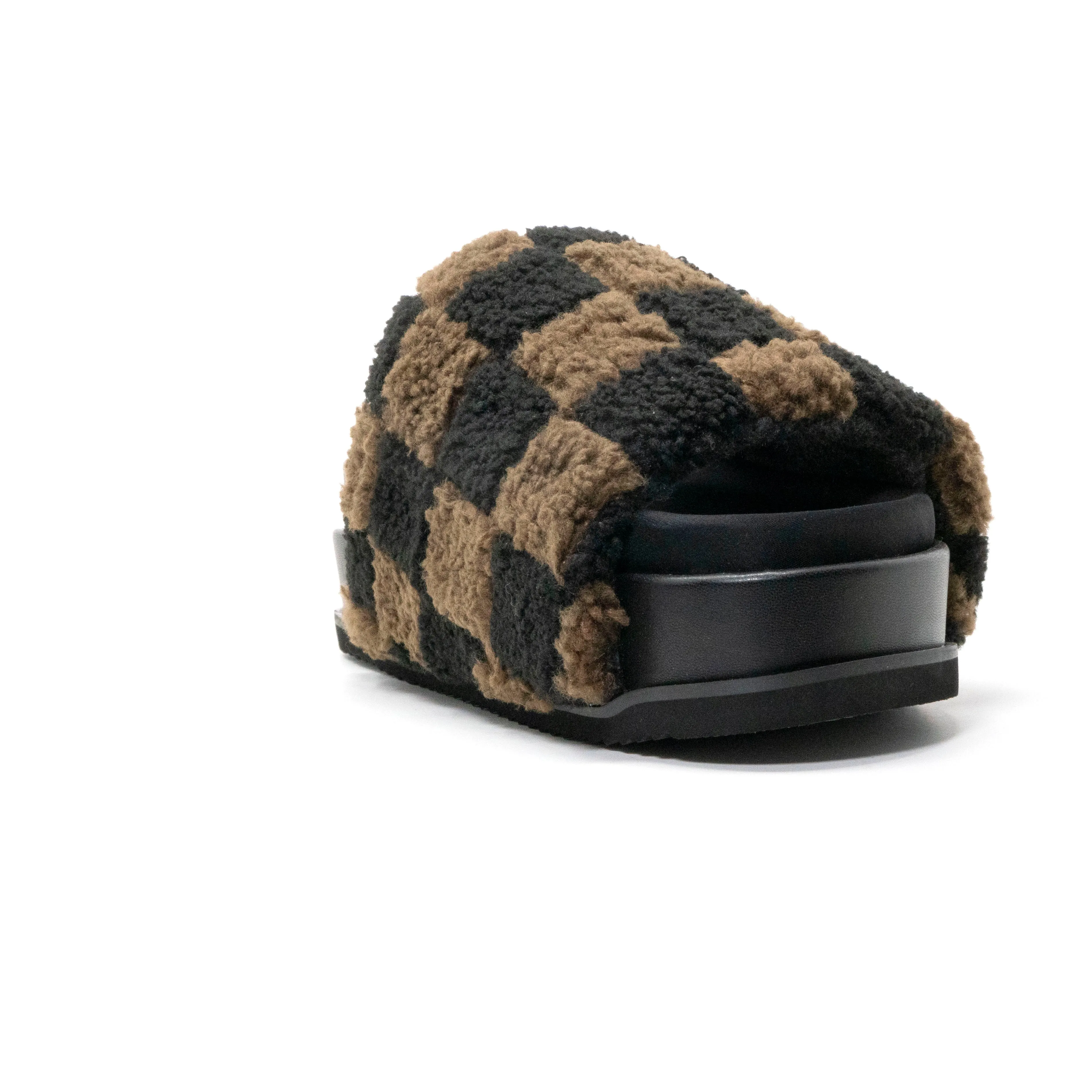ROAM FUZZY CHECKER STACK PLATFORM BLACK & TAUPE FAUX SHEARLING