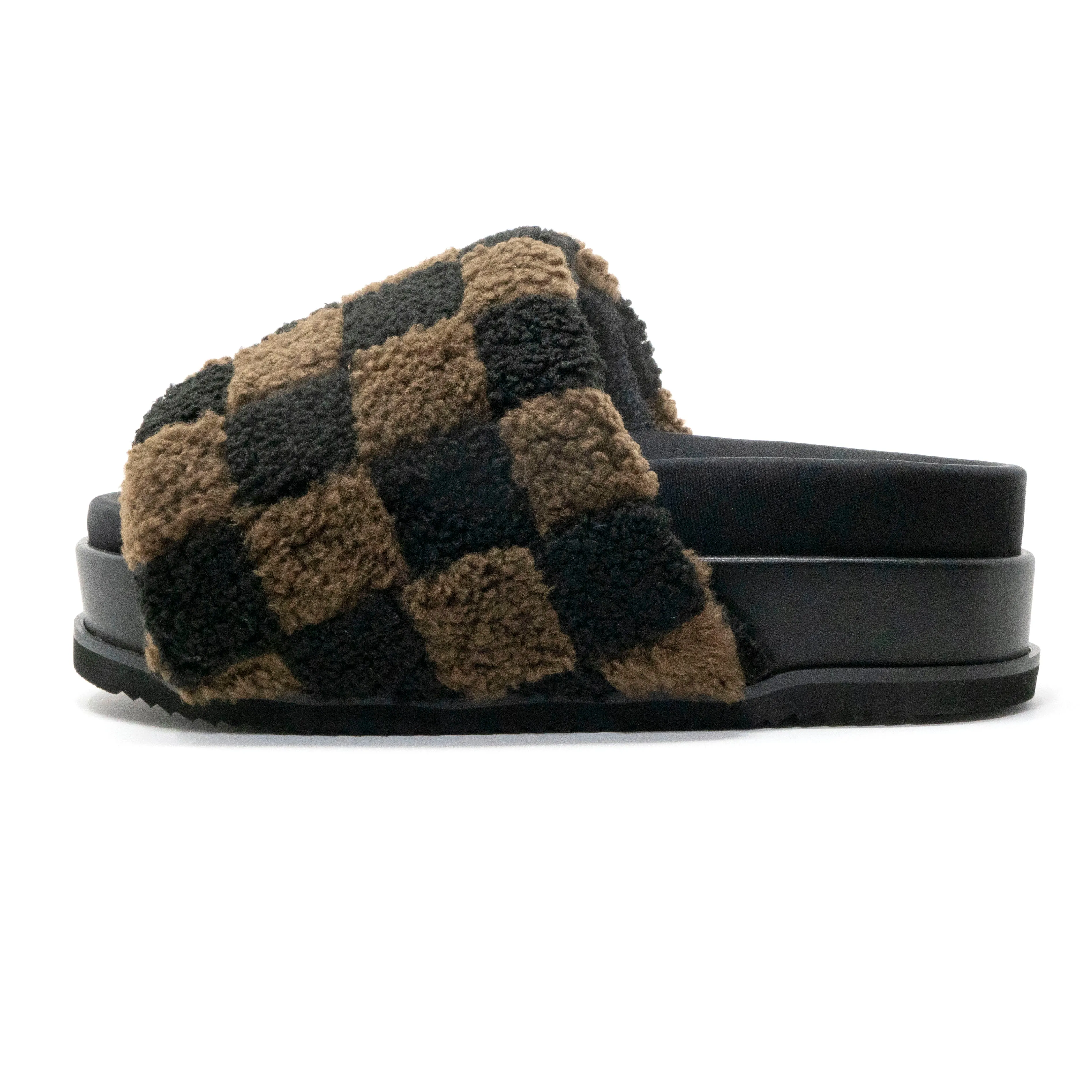 ROAM FUZZY CHECKER STACK PLATFORM BLACK & TAUPE FAUX SHEARLING