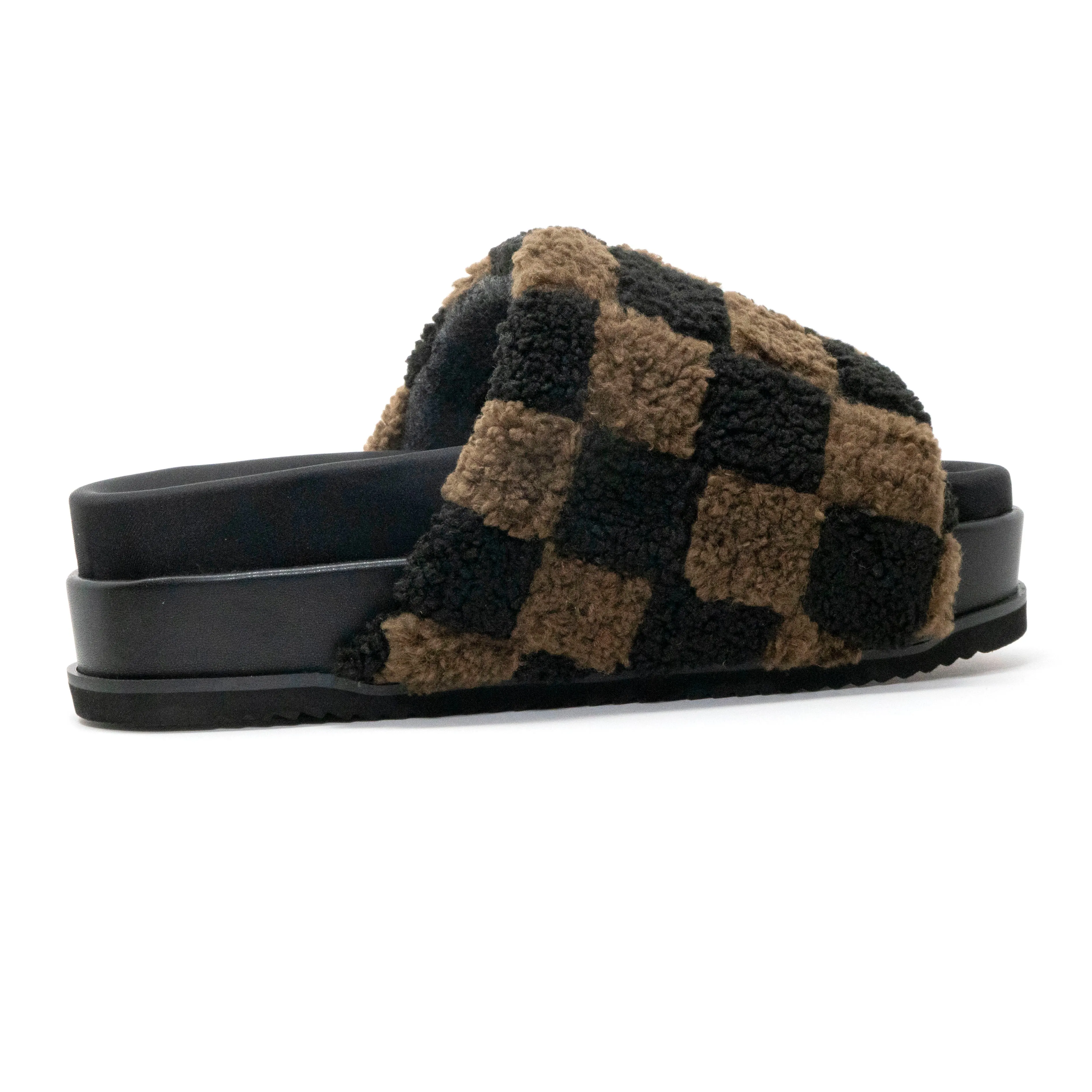 ROAM FUZZY CHECKER STACK PLATFORM BLACK & TAUPE FAUX SHEARLING