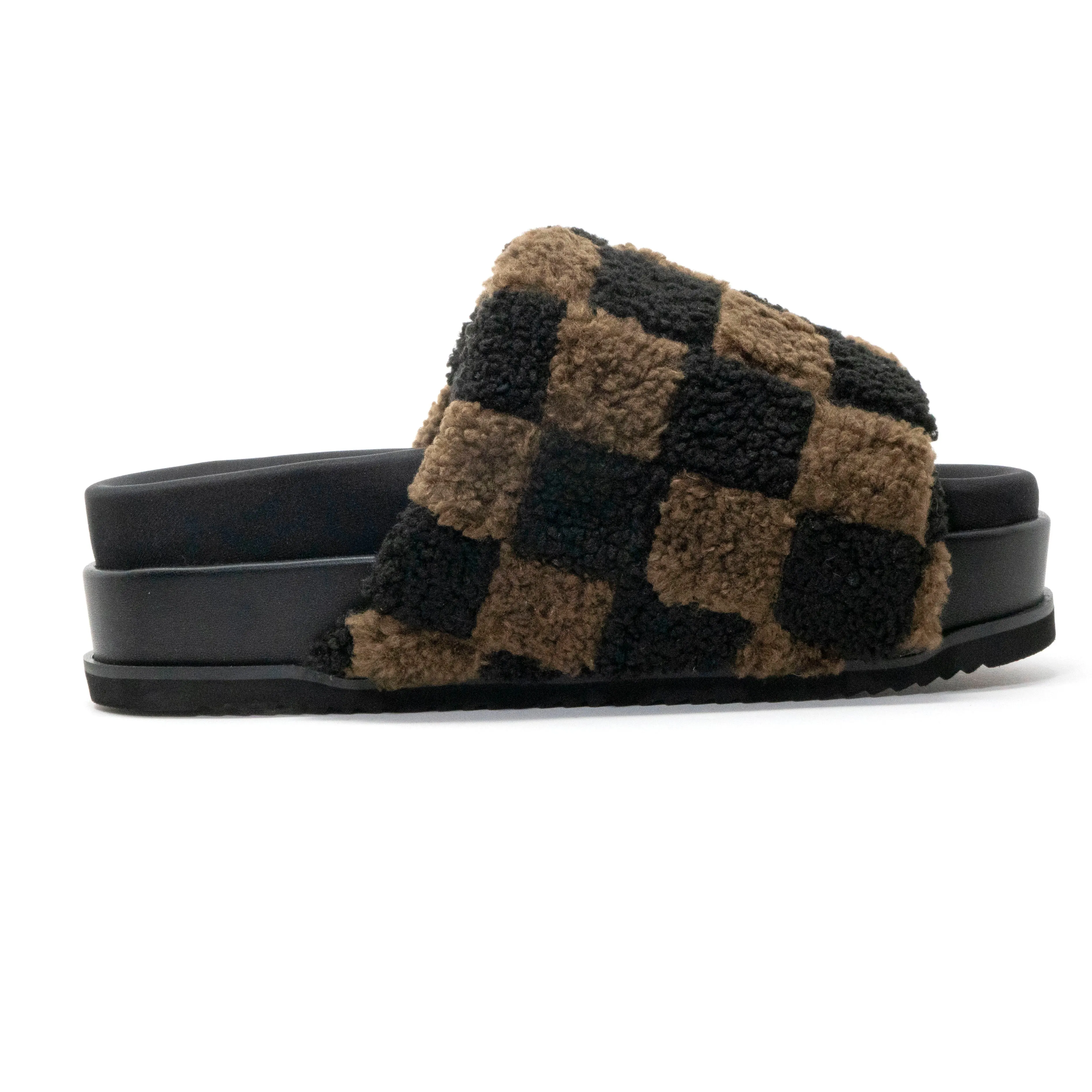 ROAM FUZZY CHECKER STACK PLATFORM BLACK & TAUPE FAUX SHEARLING