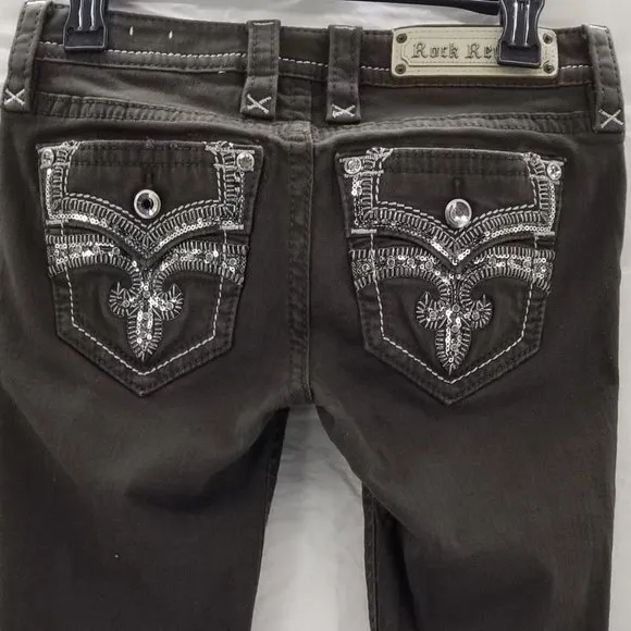 Rock Revival Celinda Fleur De Lis Skinny Green Jeans Women's Size 26  (29&quot;x31&quot;)