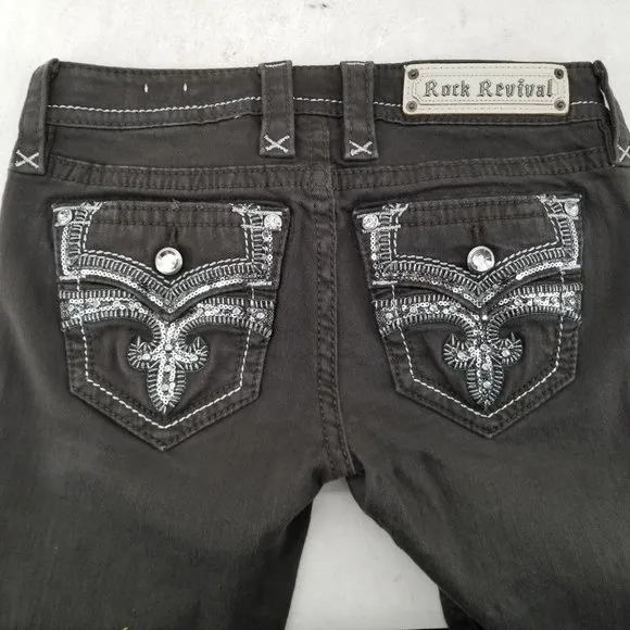 Rock Revival Celinda Fleur De Lis Skinny Green Jeans Women's Size 26  (29&quot;x31&quot;)