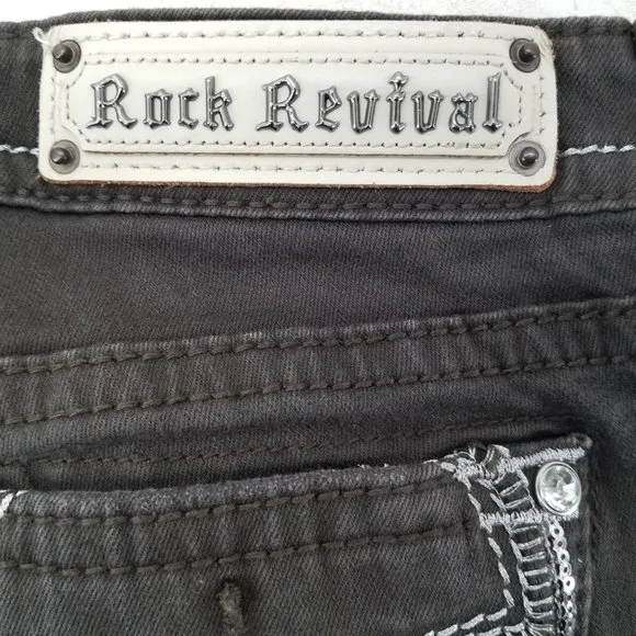 Rock Revival Celinda Fleur De Lis Skinny Green Jeans Women's Size 26  (29&quot;x31&quot;)