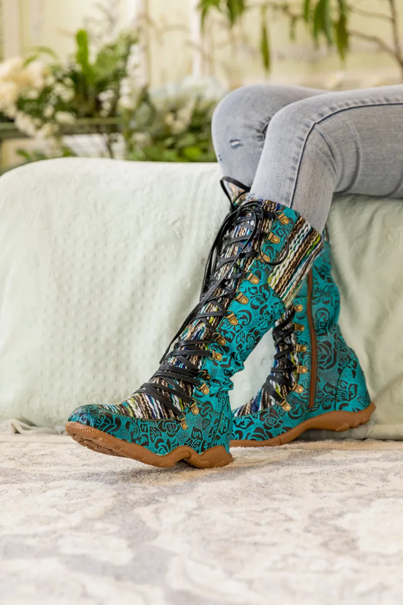 Rose Embossed Teal Leather Tie-Accent Boot