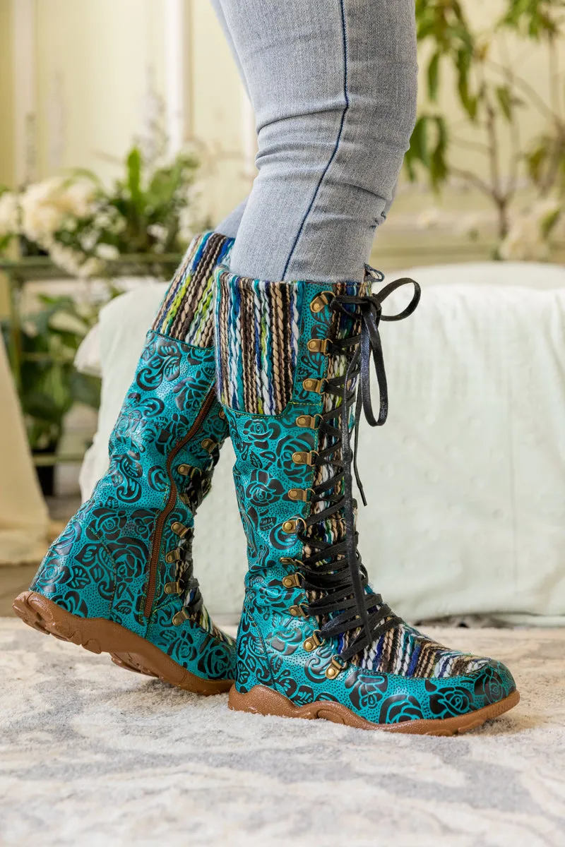 Rose Embossed Teal Leather Tie-Accent Boot