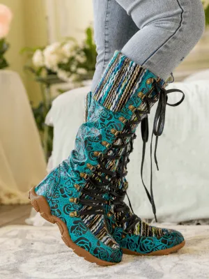 Rose Embossed Teal Leather Tie-Accent Boot