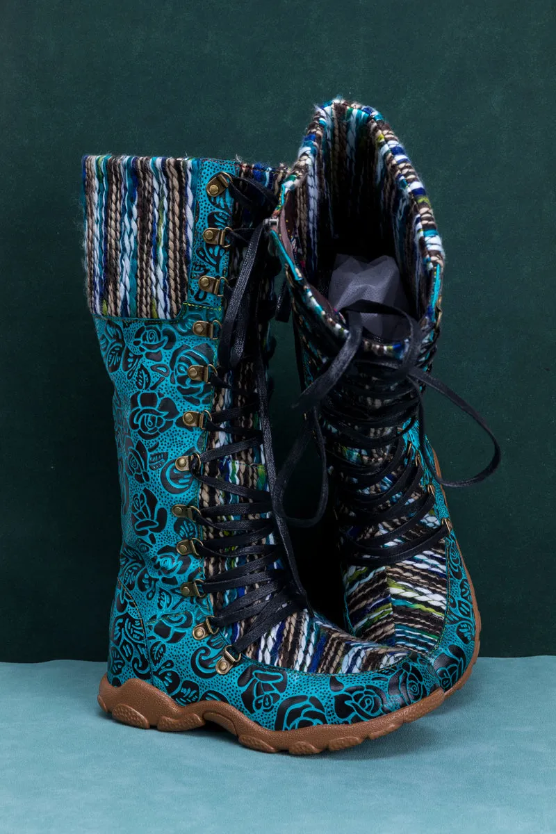 Rose Embossed Teal Leather Tie-Accent Boot