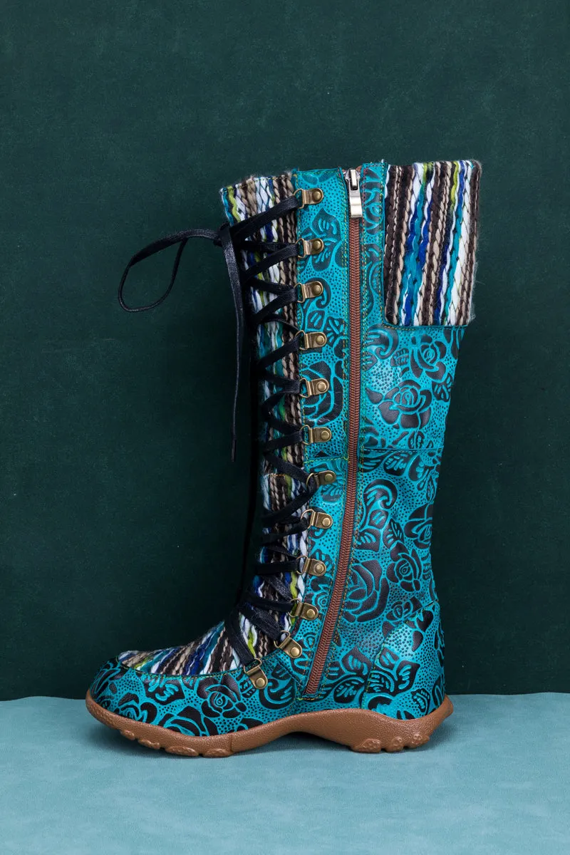 Rose Embossed Teal Leather Tie-Accent Boot