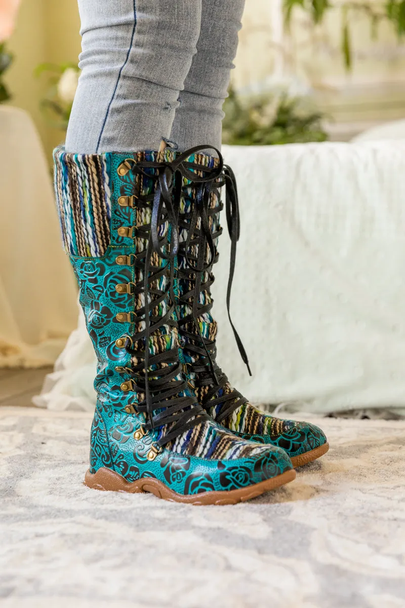 Rose Embossed Teal Leather Tie-Accent Boot