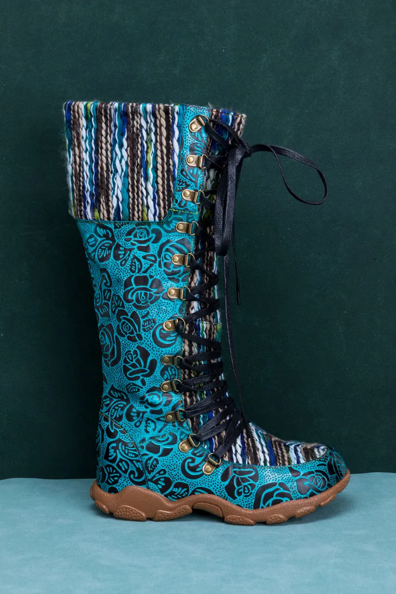 Rose Embossed Teal Leather Tie-Accent Boot