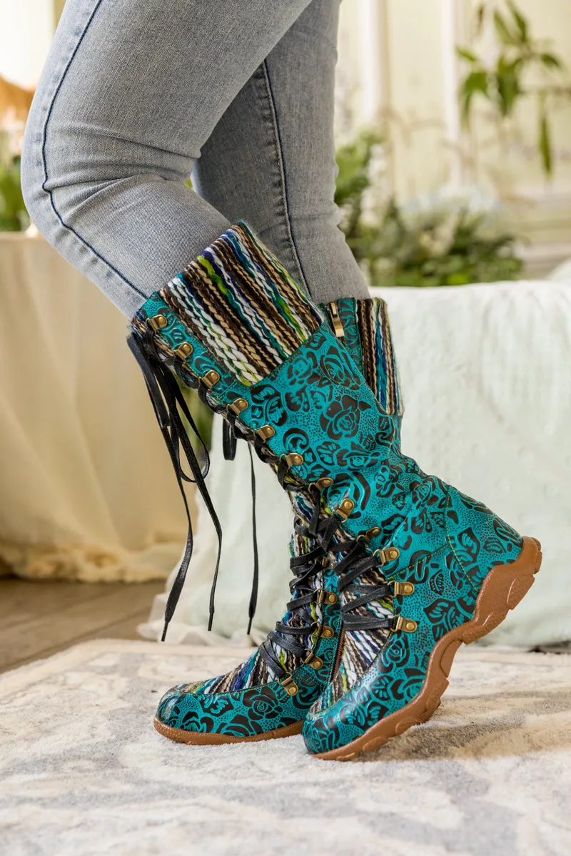 Rose Embossed Teal Leather Tie-Accent Boot