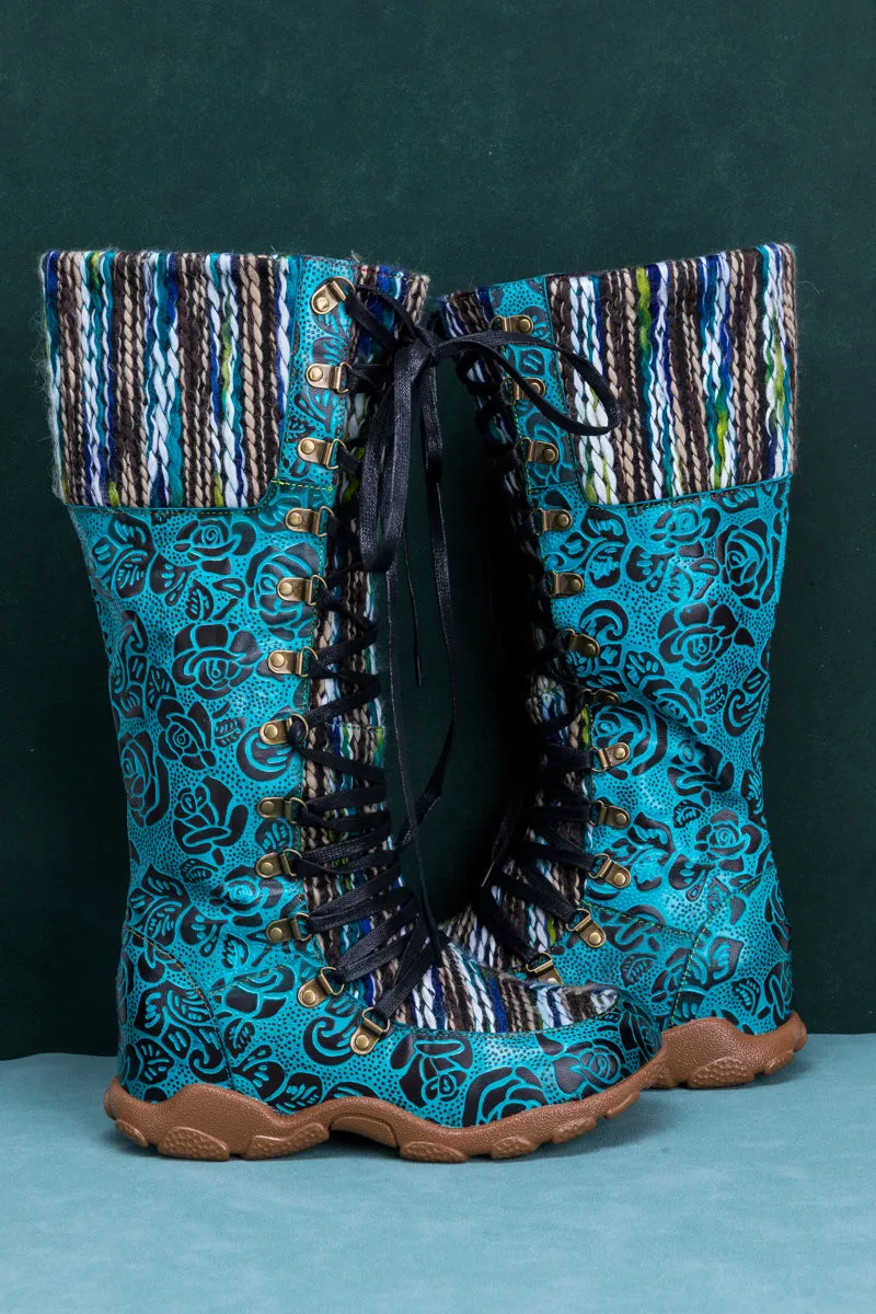 Rose Embossed Teal Leather Tie-Accent Boot