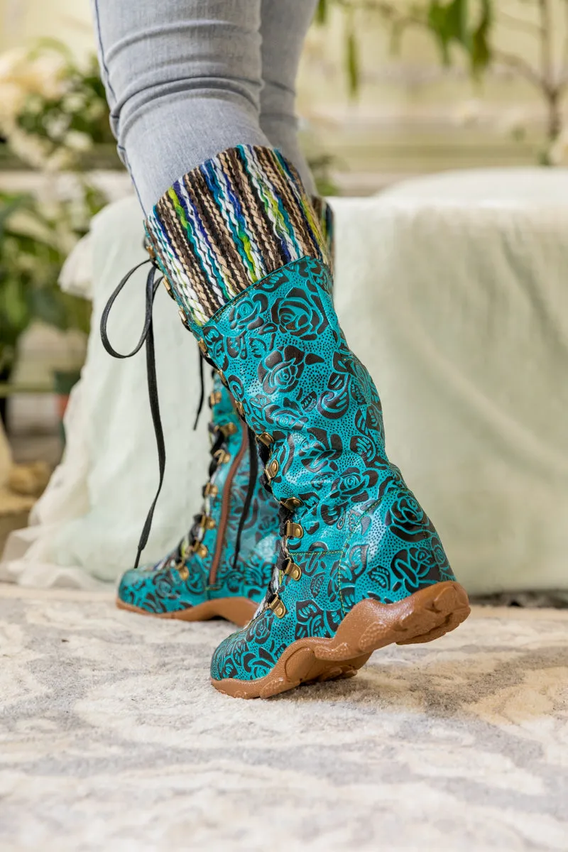 Rose Embossed Teal Leather Tie-Accent Boot