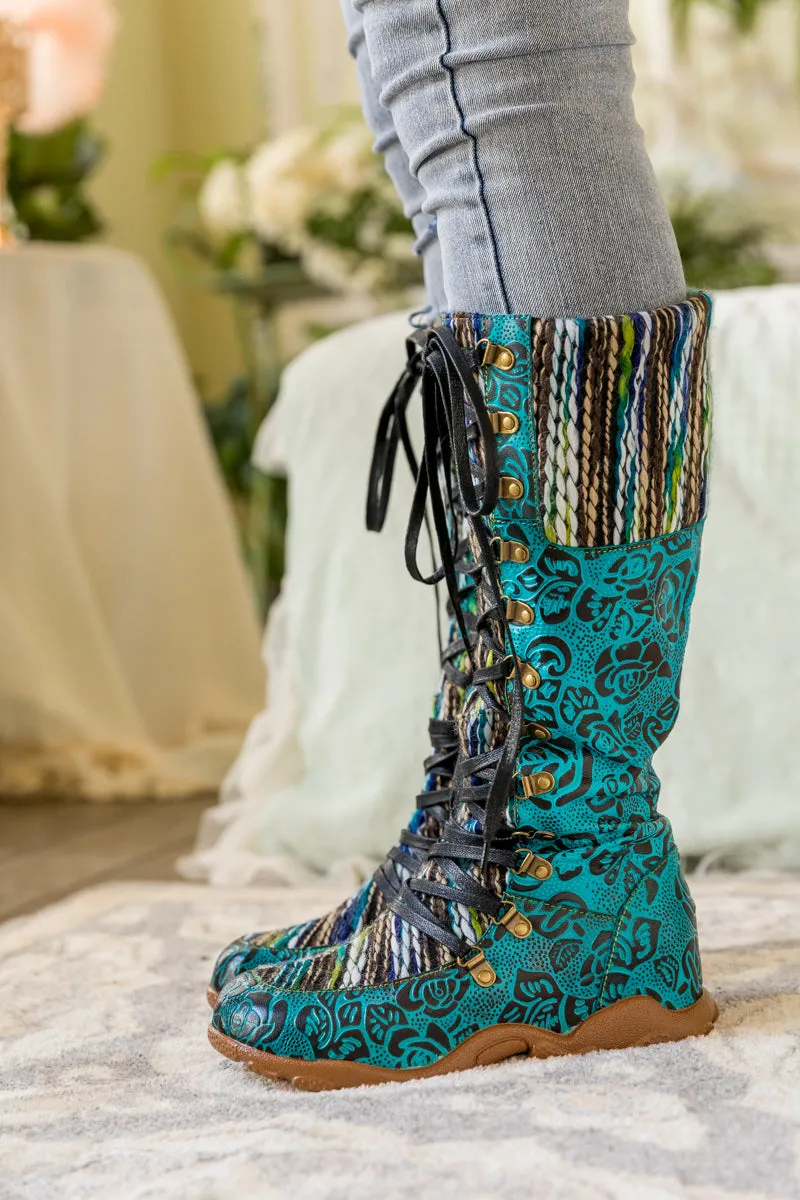 Rose Embossed Teal Leather Tie-Accent Boot