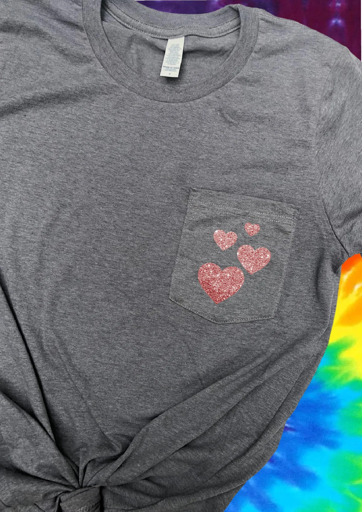 Rose Gold Glitter Hearts Shirt | Summer Pocket Print Shirt | Graphic T Shirt Unisex Crew