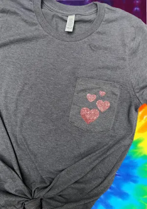 Rose Gold Glitter Hearts Shirt | Summer Pocket Print Shirt | Graphic T Shirt Unisex Crew