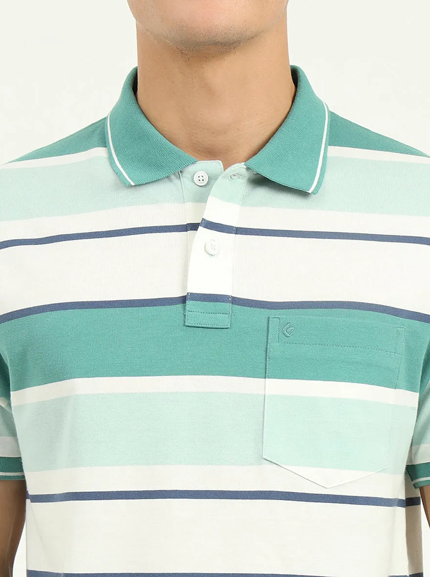 Sage Green & White Striped Slim Fit Polo T-Shirt | Greenfibre