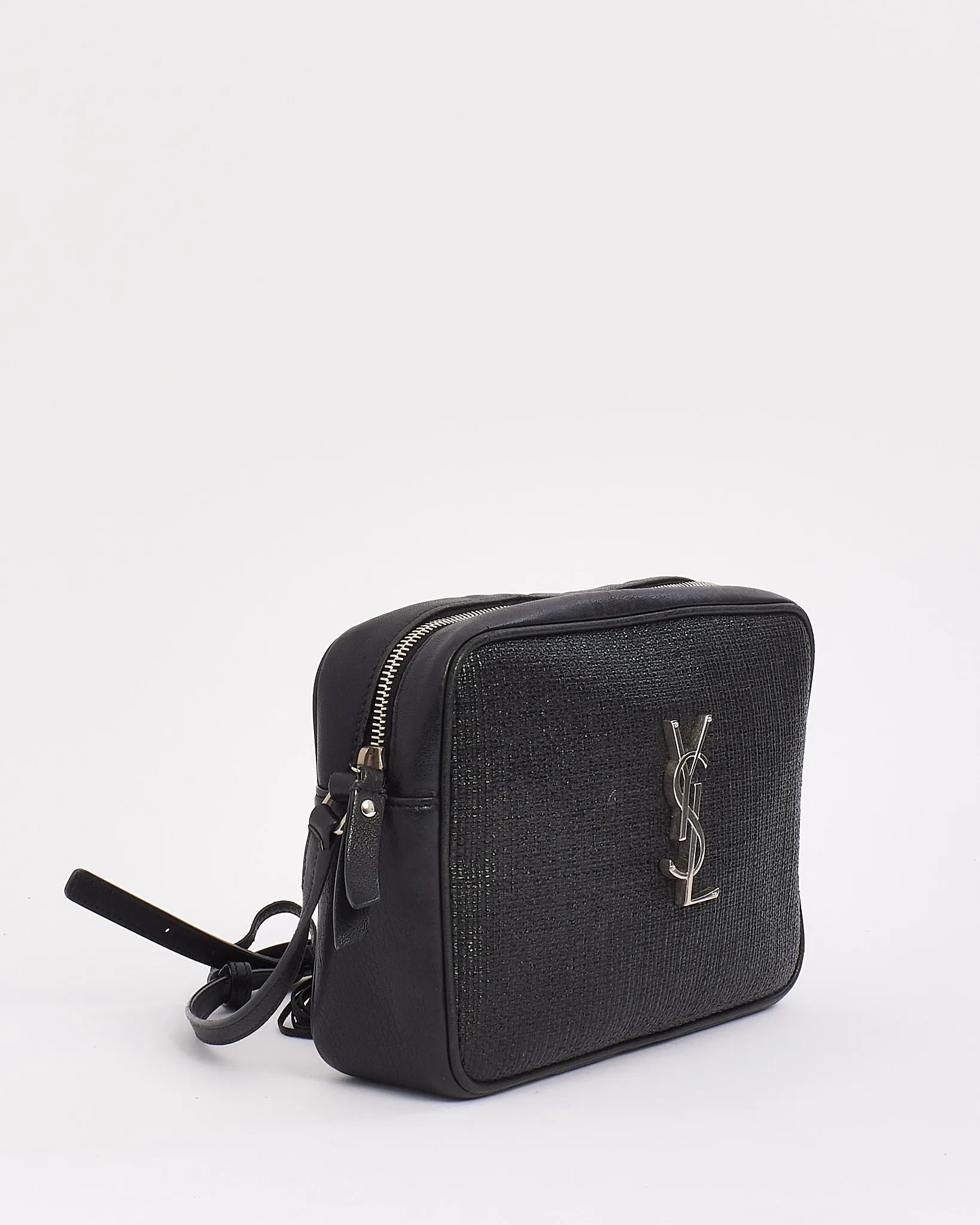 Saint Laurent Black Coated Raffia Lou Camera Crossbody Bag