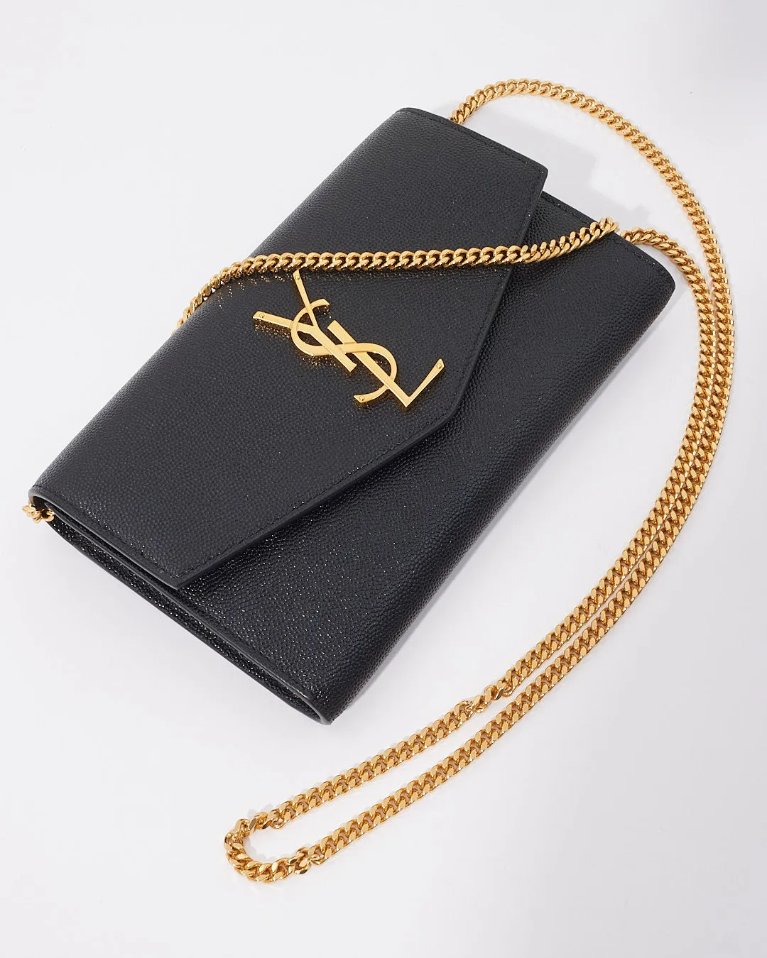 Saint Laurent Black Leather Uptown Chain Wallet with Removable Crossbody Strap