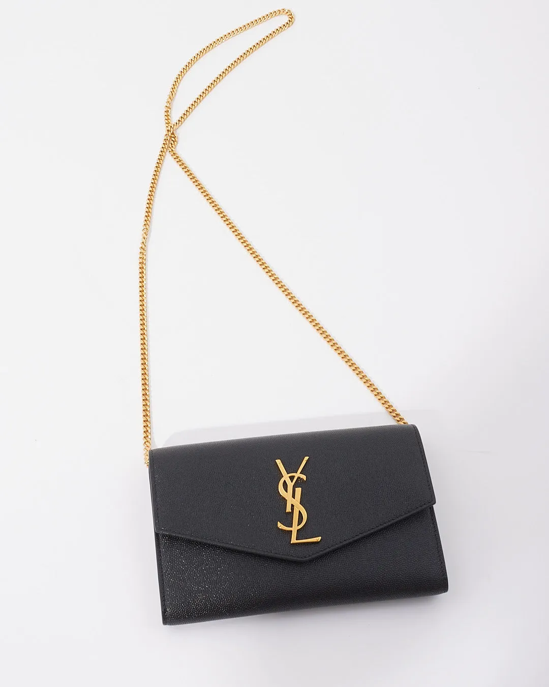 Saint Laurent Black Leather Uptown Chain Wallet with Removable Crossbody Strap