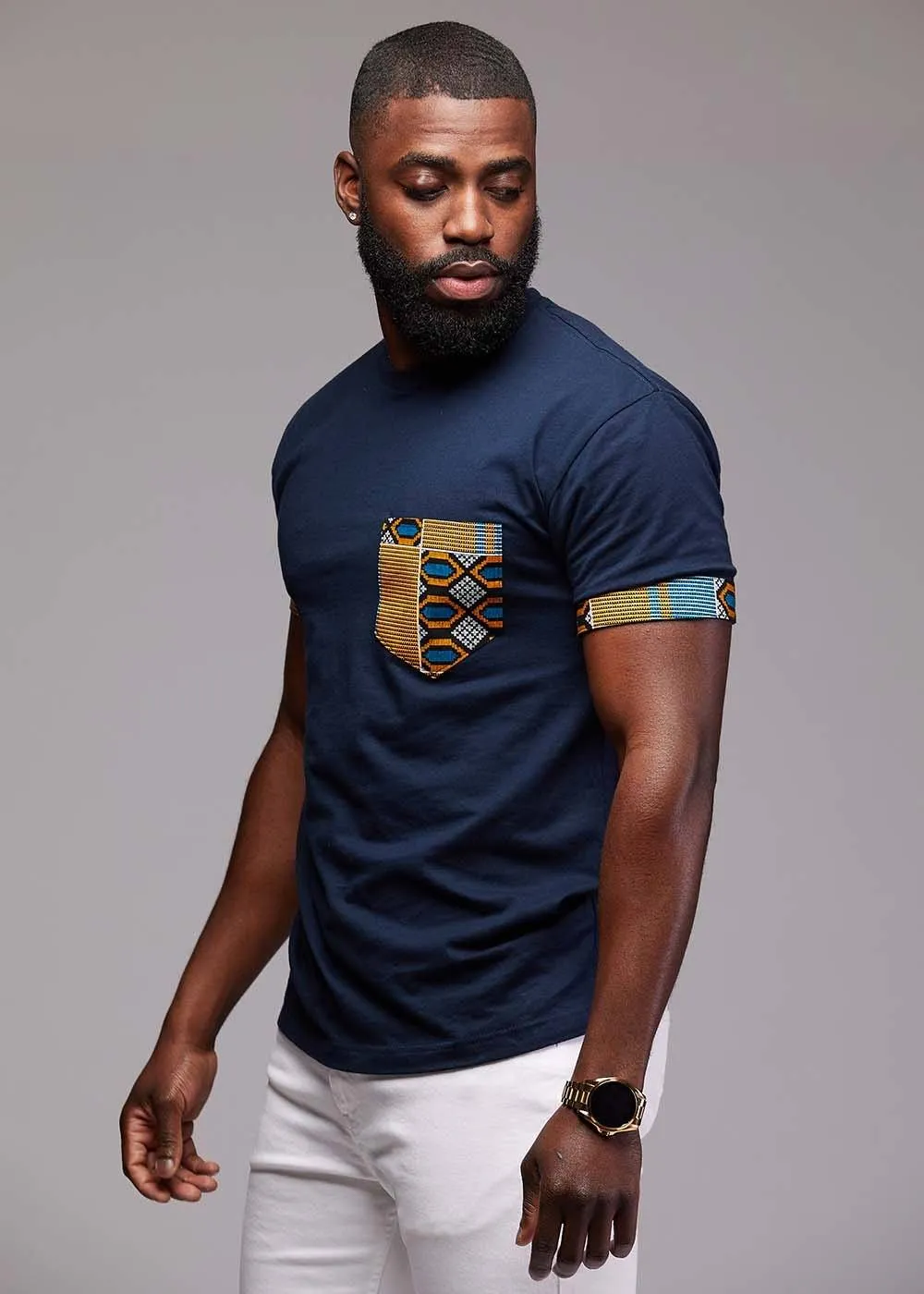 Seun Men's African Print T-Shirt with Pocket (Blue/Tan Navy)
