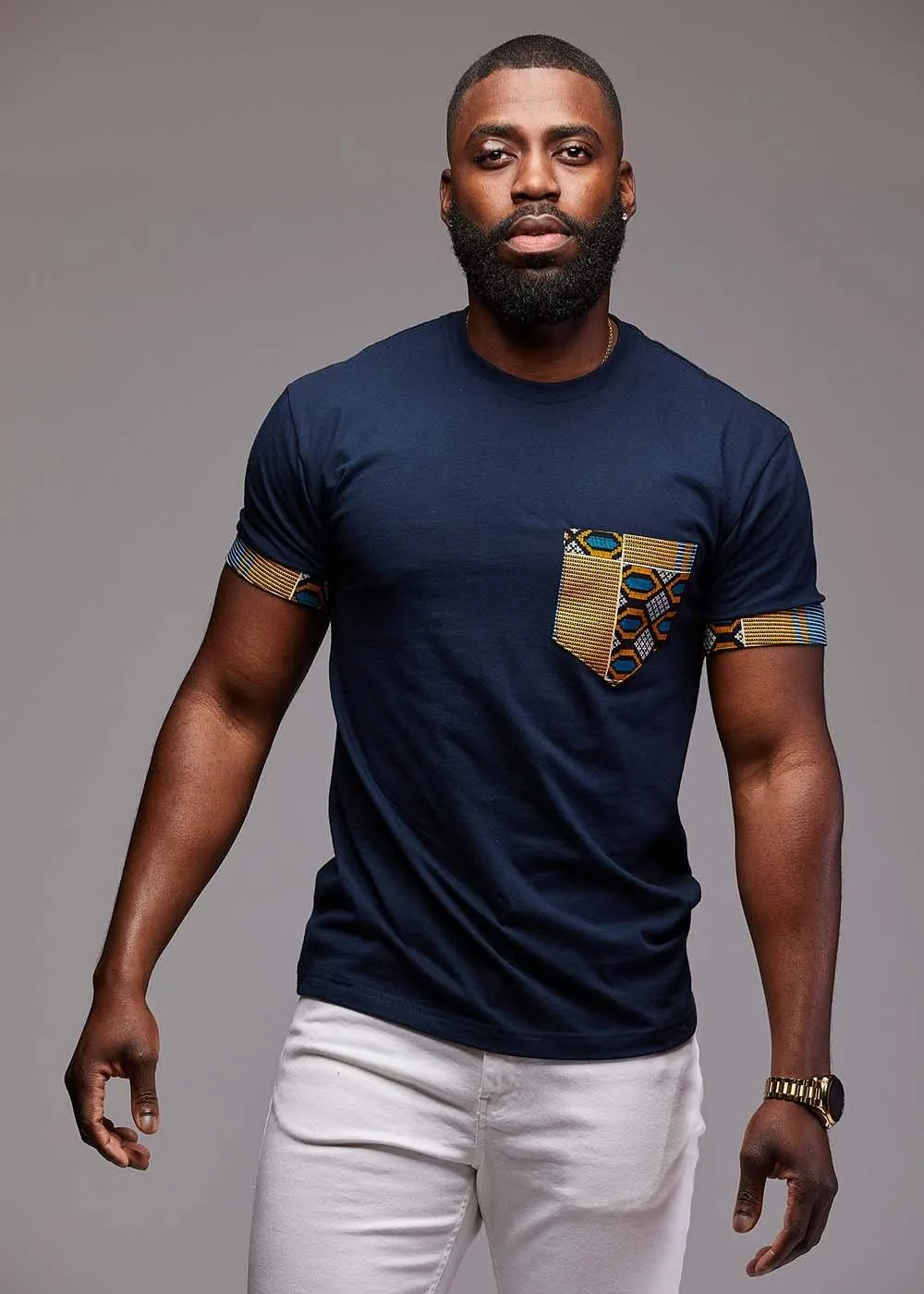 Seun Men's African Print T-Shirt with Pocket (Blue/Tan Navy)