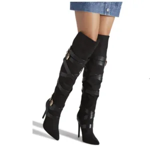 Sexy Wraparound Buckle Straps Knee High Boots