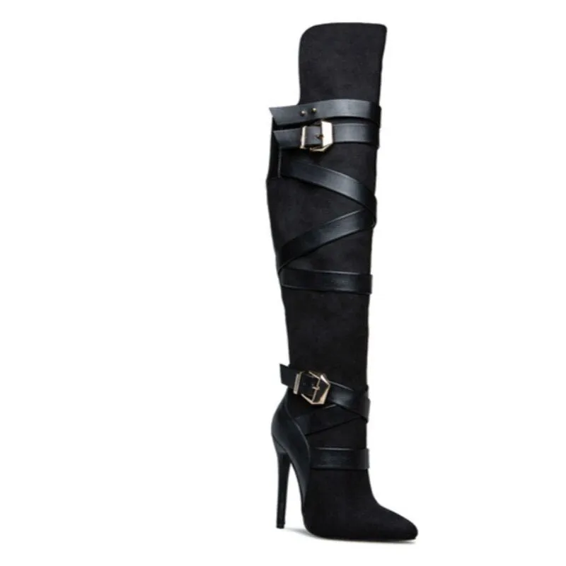 Sexy Wraparound Buckle Straps Knee High Boots