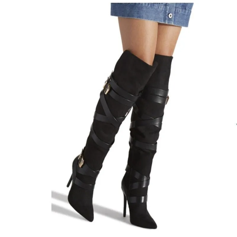 Sexy Wraparound Buckle Straps Knee High Boots