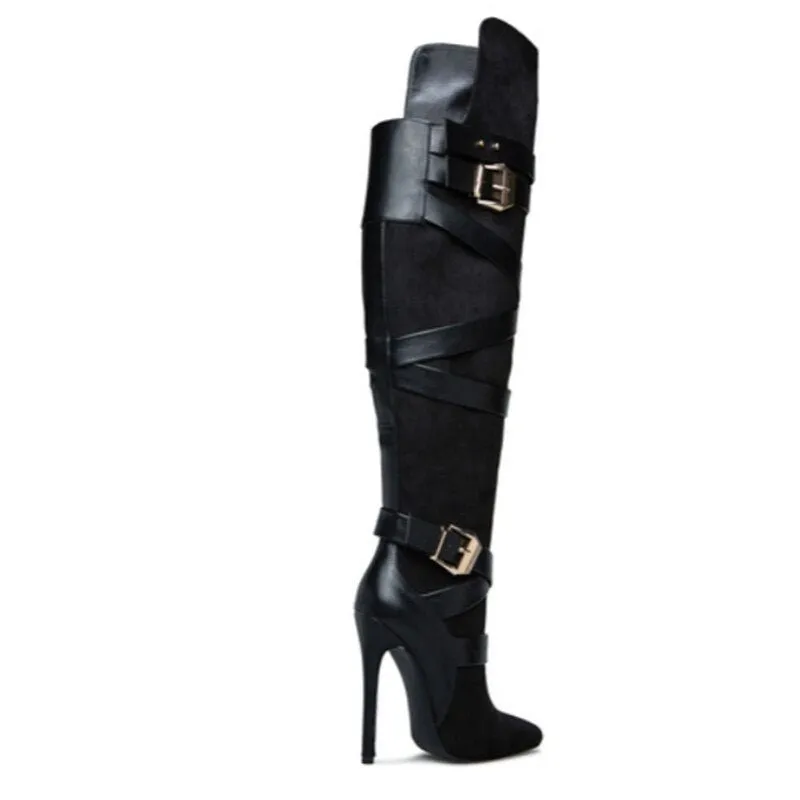 Sexy Wraparound Buckle Straps Knee High Boots
