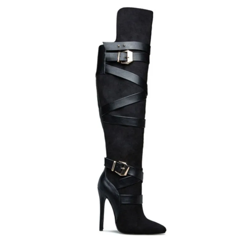 Sexy Wraparound Buckle Straps Knee High Boots