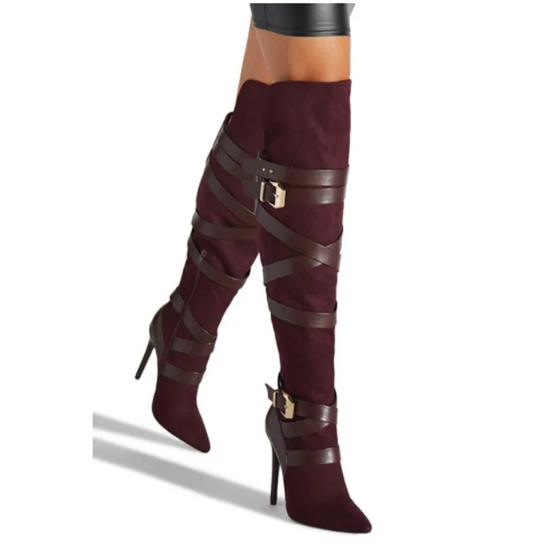 Sexy Wraparound Buckle Straps Knee High Boots