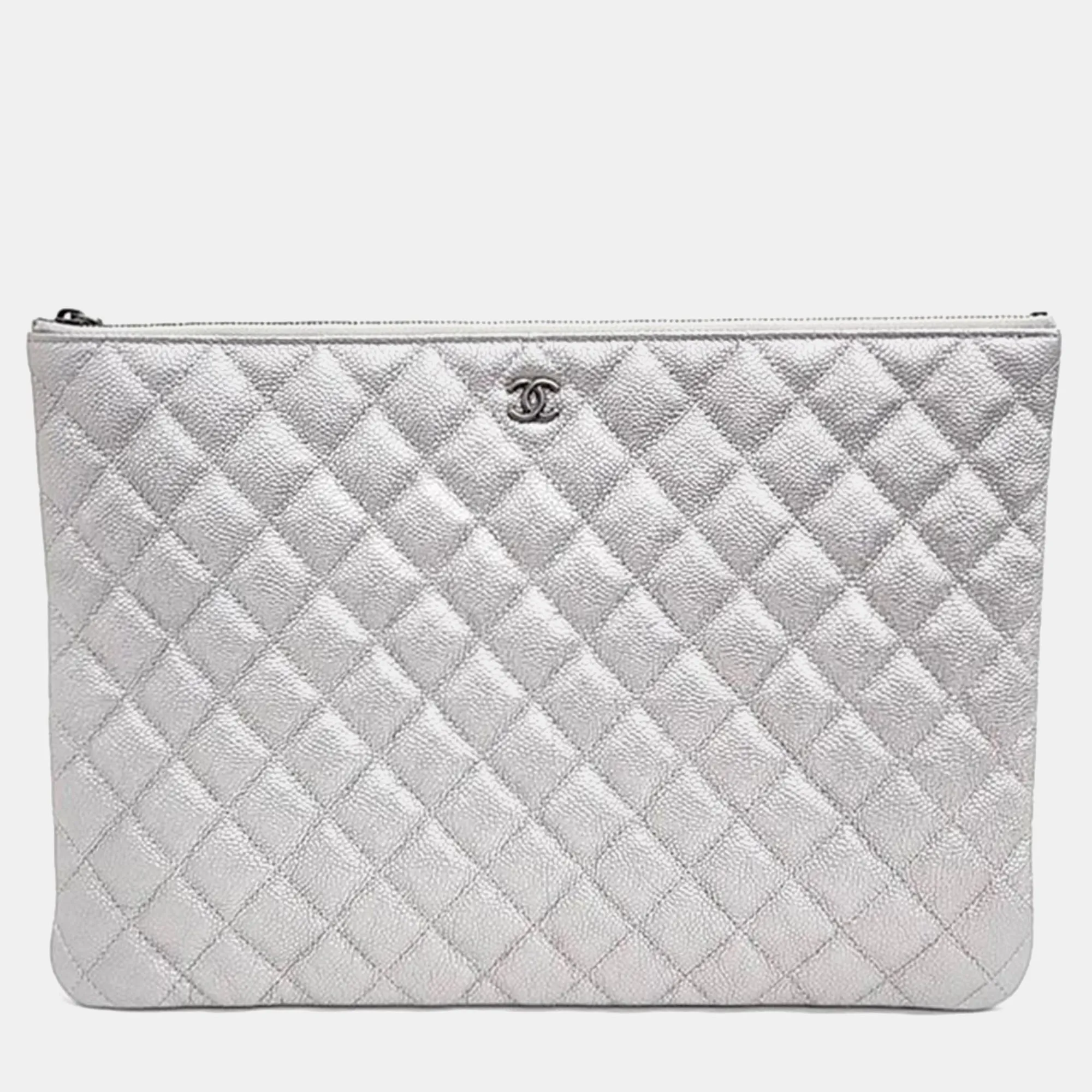 Silver Caviar Leather Clutch Bag
