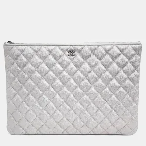 Silver Caviar Leather Clutch Bag