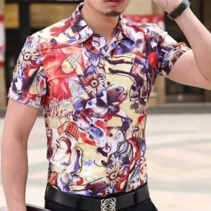 Slimming Abstract Print Turn-down Collar Men's Short Sleeve Cotton Blend Shirt - Xl
