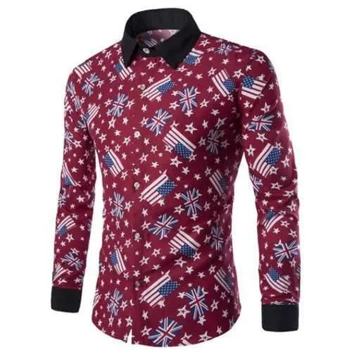 Slimming Shirt Collar American Flag and Star Print Long Sleeves Hit Color Shirt For Men - Red L