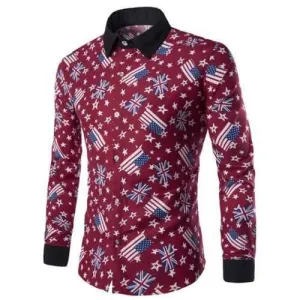 Slimming Shirt Collar American Flag and Star Print Long Sleeves Hit Color Shirt For Men - Red L
