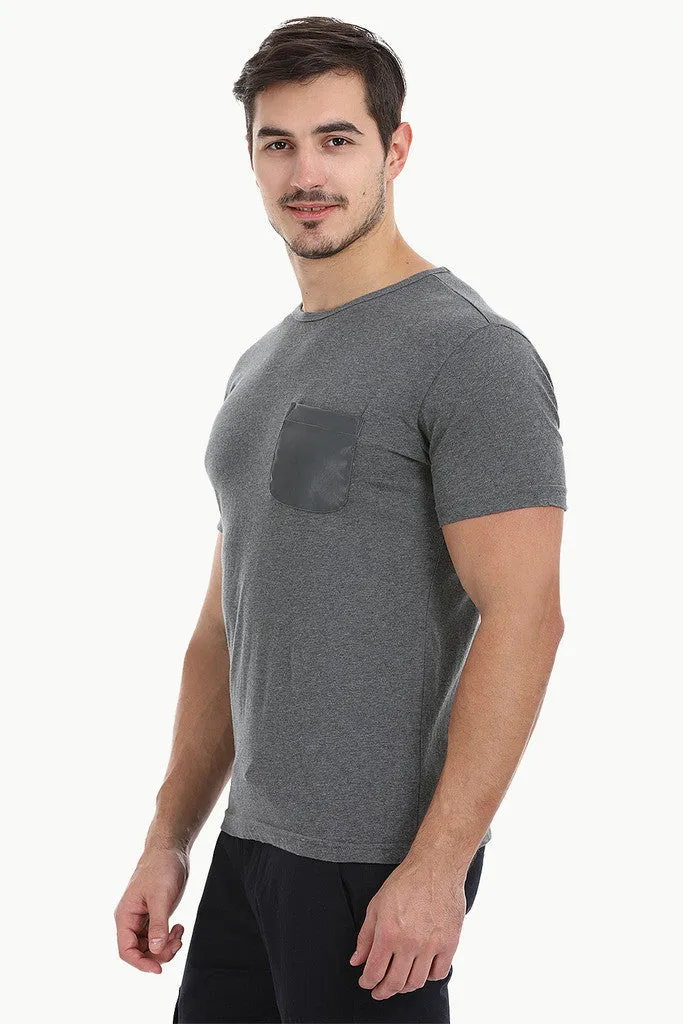 Solid Cotton Tee With Faux Leather Pocket