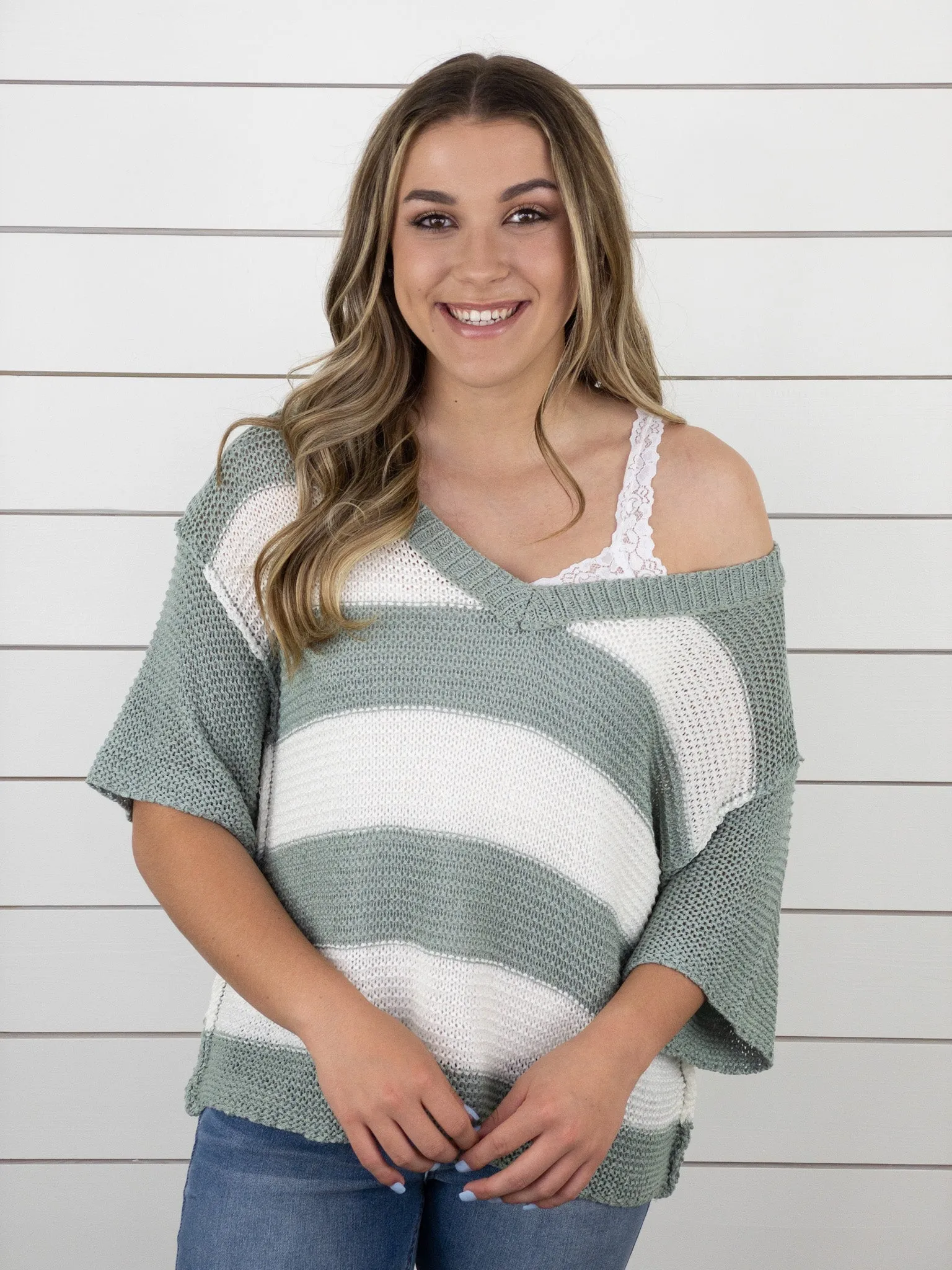 Springtime Striped Sweater - Sage