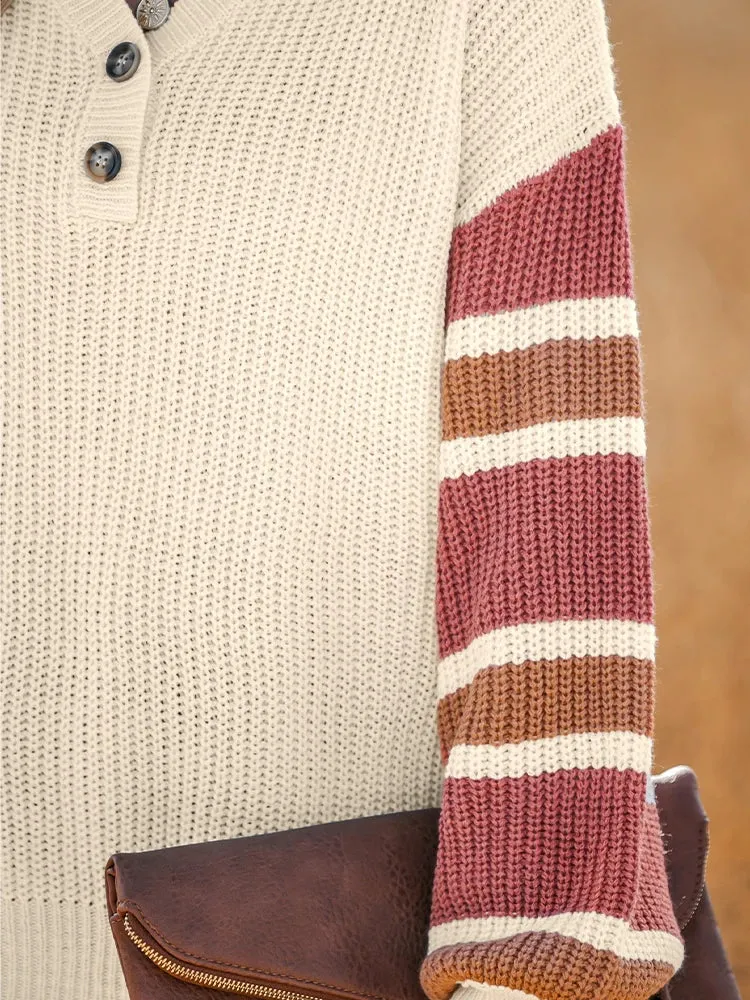 Striped V-Neck Buttoned Sweater