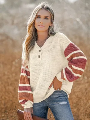 Striped V-Neck Buttoned Sweater