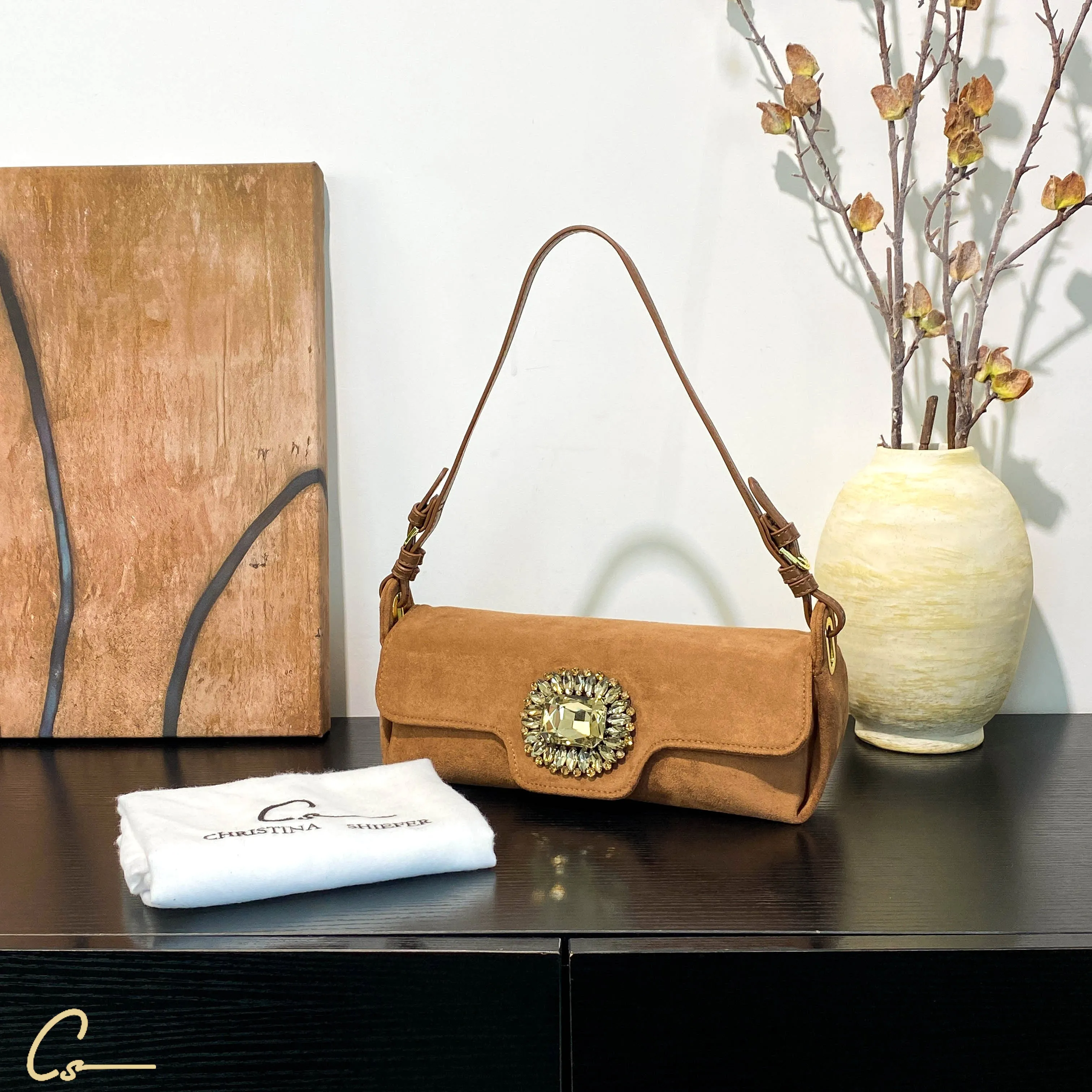 Suede Embellished Shoulder Bag