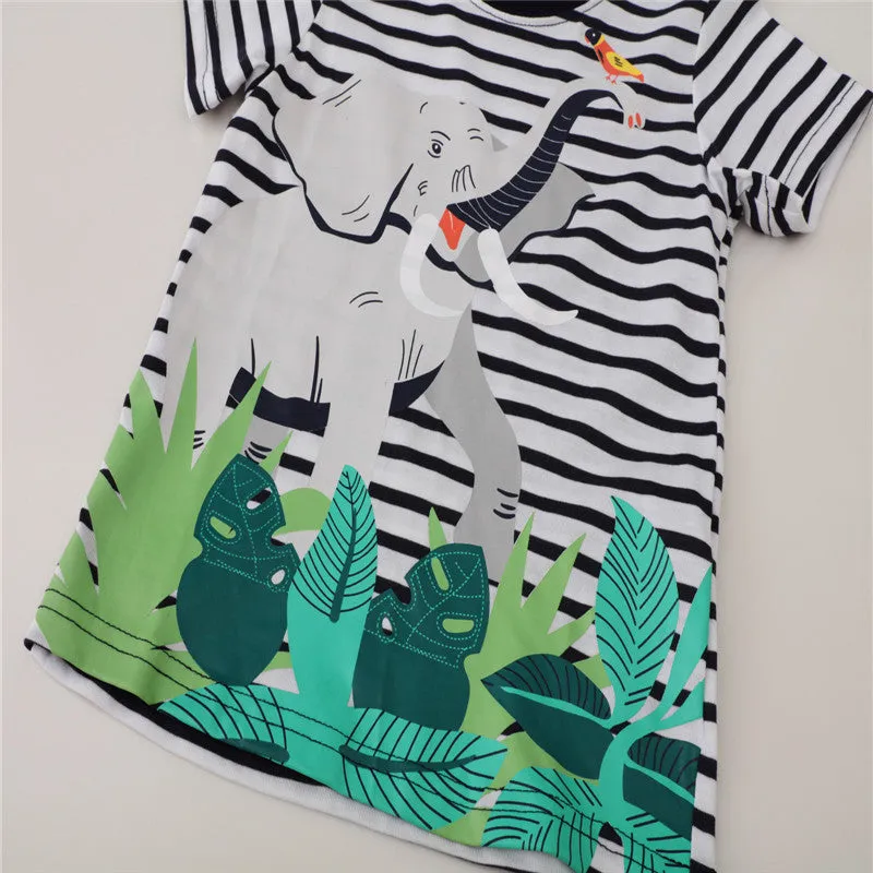 Summer Boys Elephant Print Striped Cotton T-shirt - White, Black