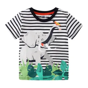 Summer Boys Elephant Print Striped Cotton T-shirt - White, Black