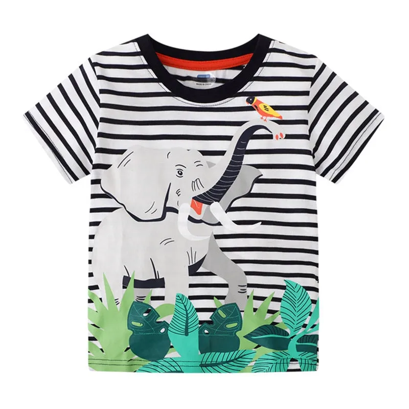 Summer Boys Elephant Print Striped Cotton T-shirt - White, Black