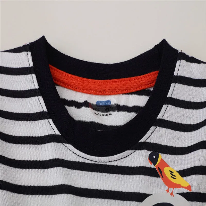 Summer Boys Elephant Print Striped Cotton T-shirt - White, Black