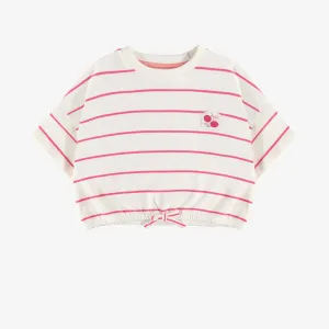 T-shirt à manches courtes de coupe ample blanc à rayures en coton, enfant || Pink striped t-shirt with short sleeves and loose fit in cotton, child