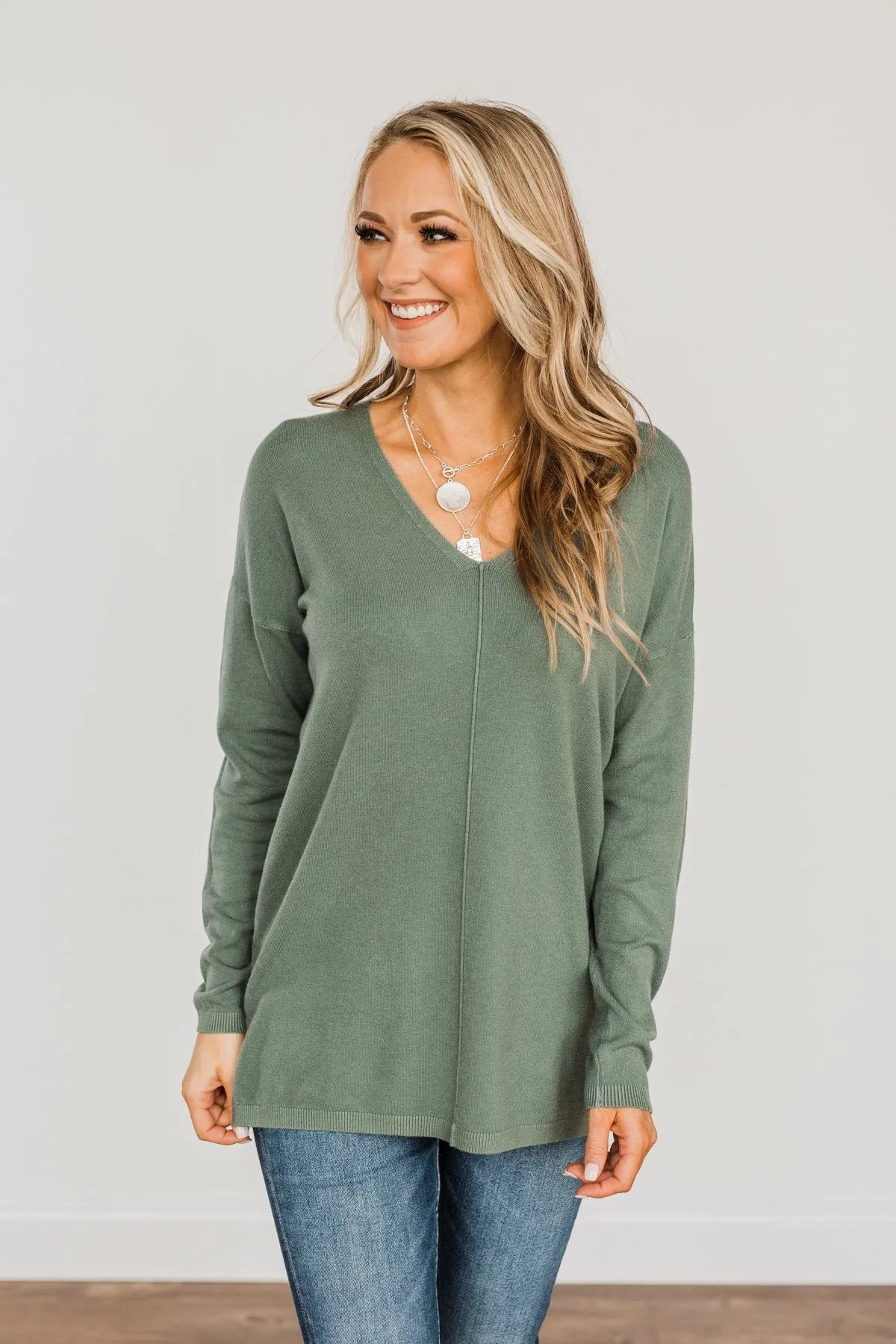 The Best Part V-Neck Sweater- Dusty Jade
