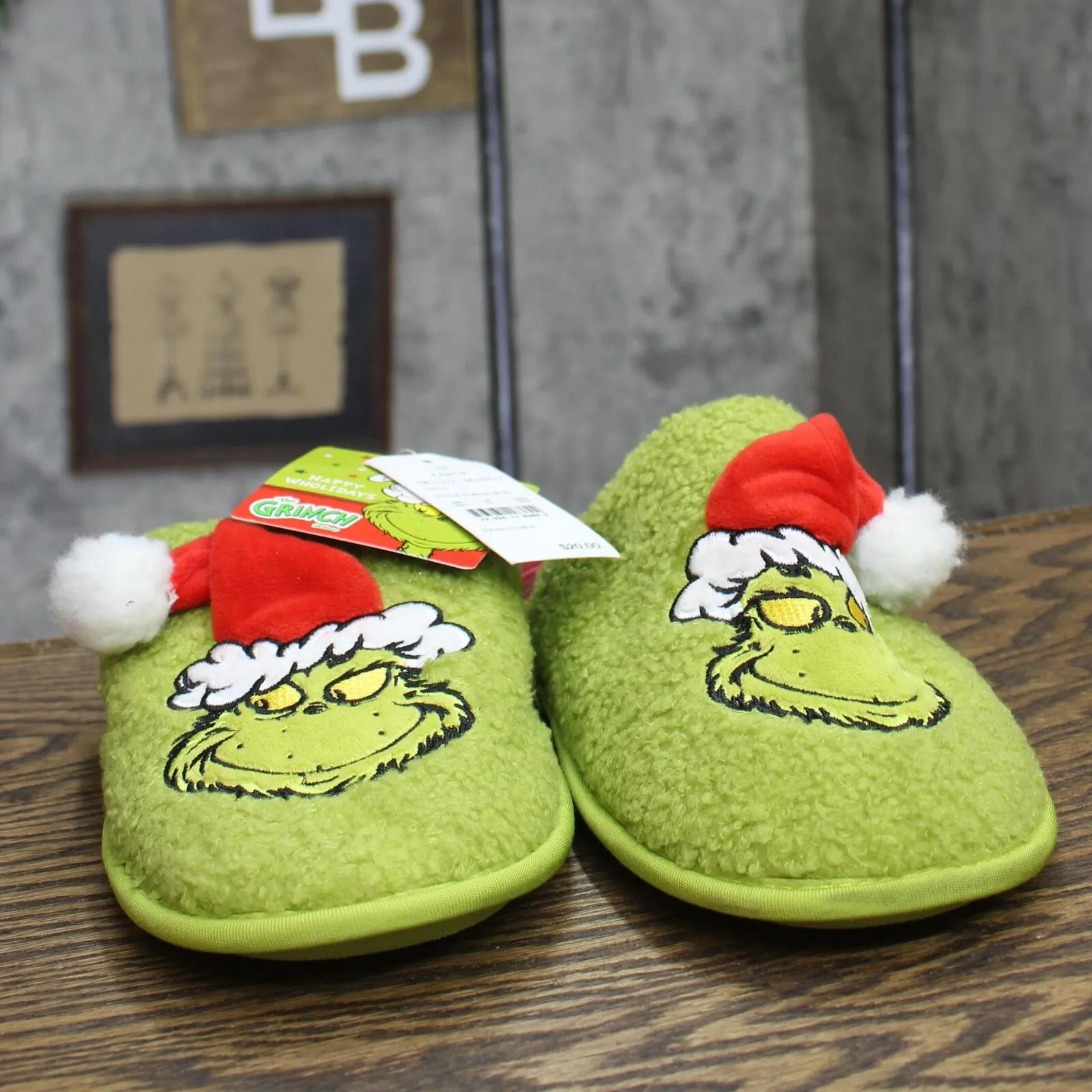 The Grinch Mens Womens Holiday 3D Hat Scuff Slippers Green L (W 11/12 M 10/11)